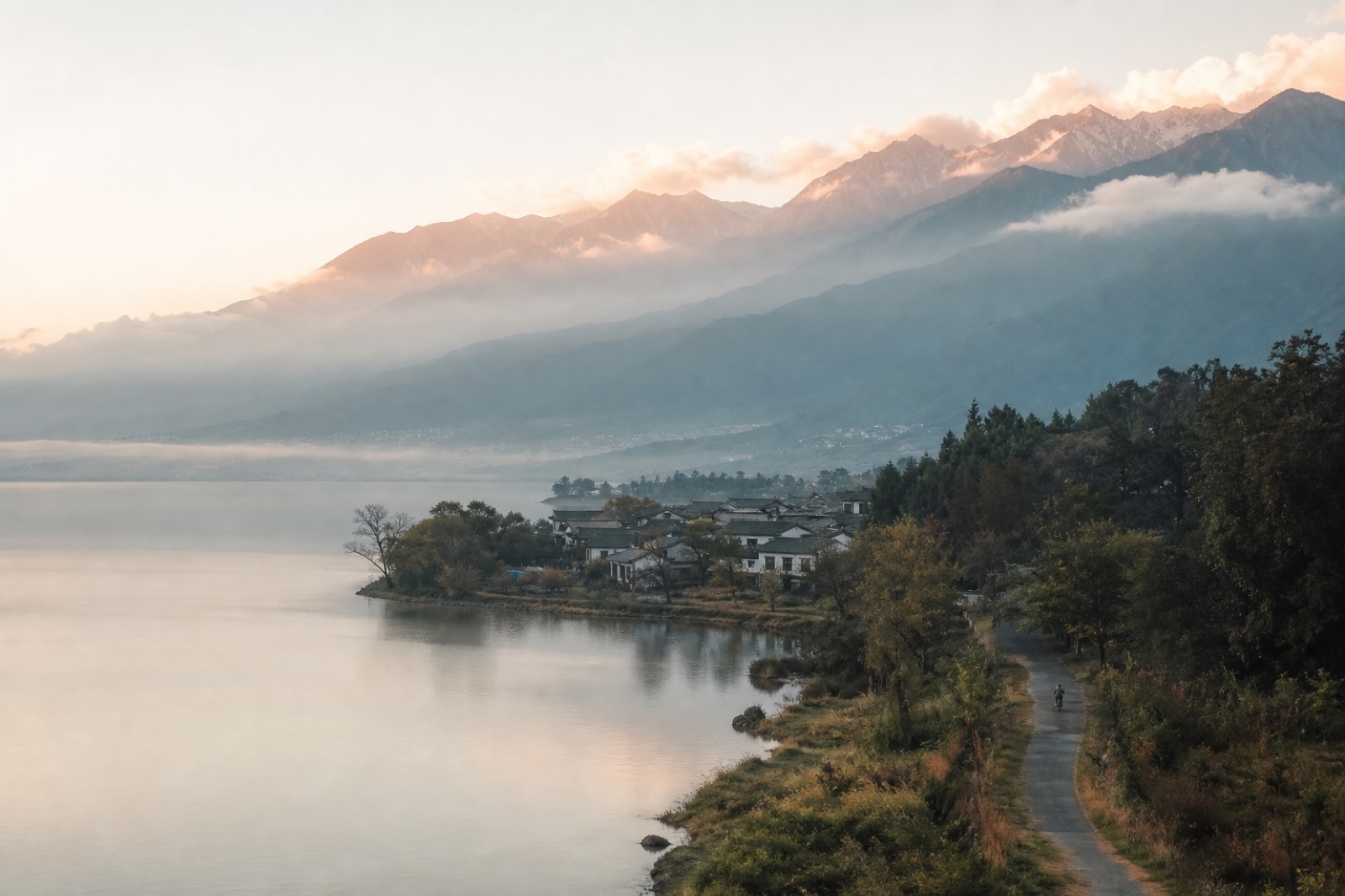 湖岸、村落与苍山晨雾